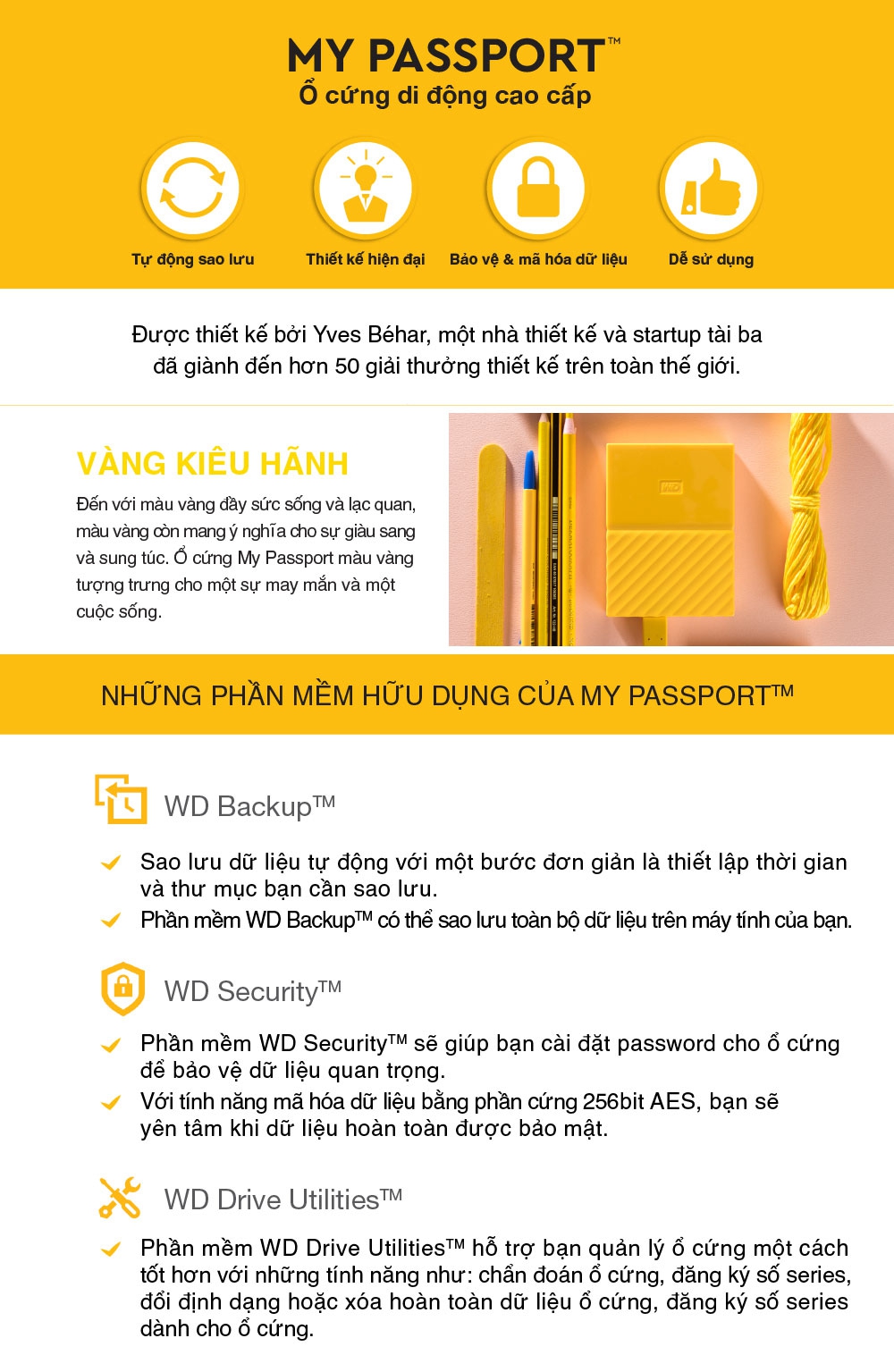 Tính năng ổ cứng di động wd my passport 1tb yellow